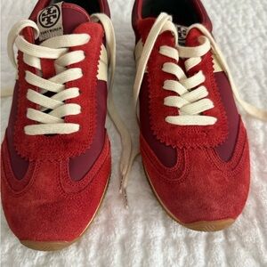 Tory Burch Red and Cream Suede Sneakers